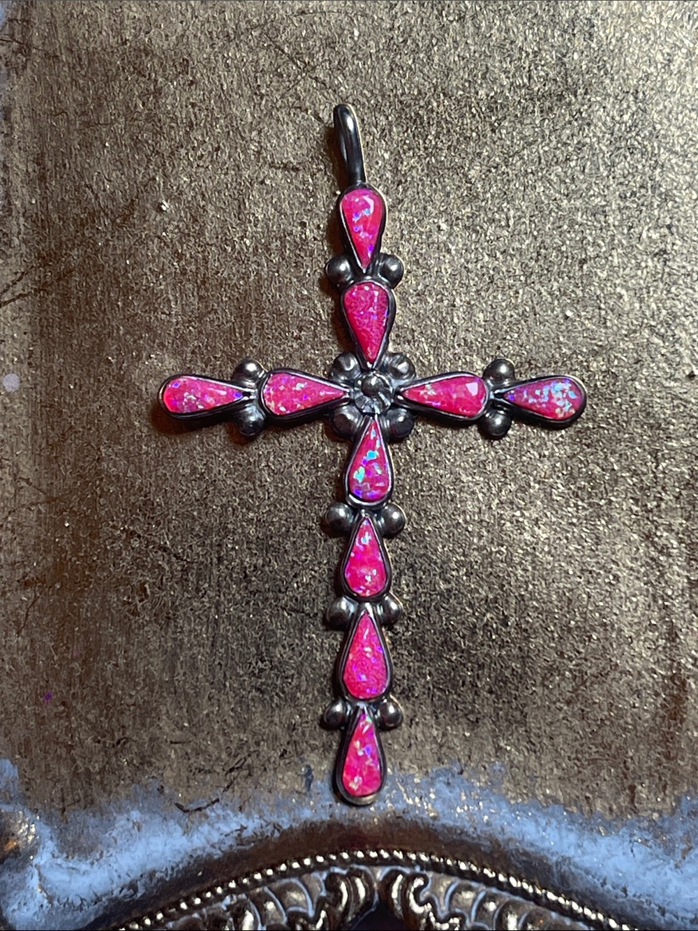 Native Cross pendant pink aurora opal set in sterling silver
